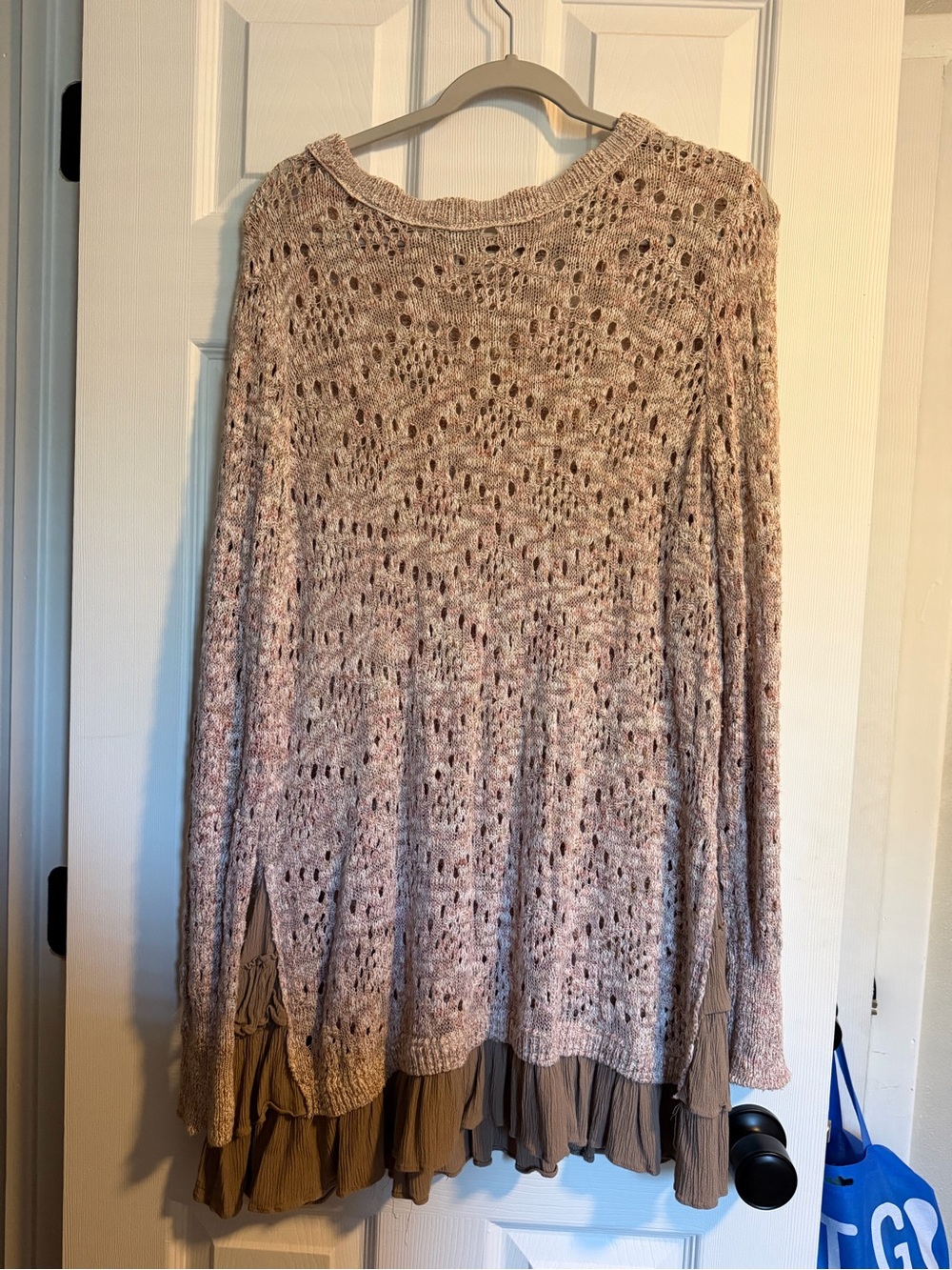 Knox Rose Open-Knit Crewneck Sweater with Ruffled Hem - Blush